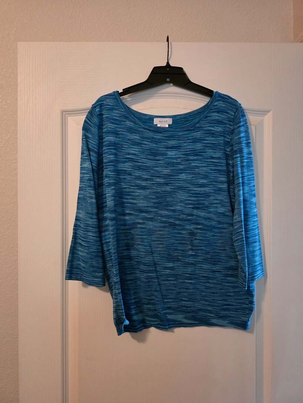 Kate Hill Blue Space Dye 3/4 Sleeve Knit Top Large